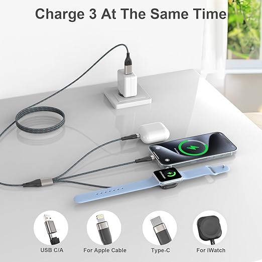2FT Nylon Braided for Apple Watch Charger 3 in 2 - USB C/Lightning/Micro Fast Charging Cable, Compatible with iWatch Ultra/SE/9-1 & iPhone 15/14/13, Galaxy S23 (Durable Tangle-Free)