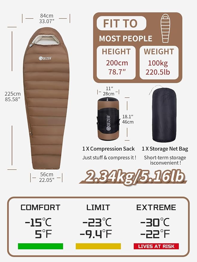 0 Degree Sleeping Bag for Adults 650 Fill Power Down Sleeping Bag for Cold Weather -20F / -8F / 0F / 10F Large Lightweight