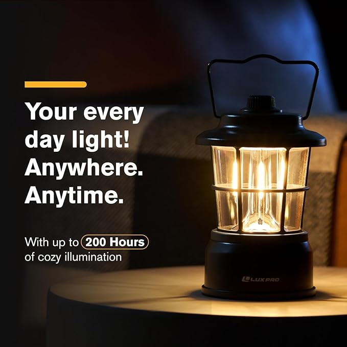 LUXPRO Retro LED Lantern - Battery-Powered Emergency Lantern - Water Resistant - Bright LED Lamp for Indoor & Outdoor Use - Use for Tents, Hiking or Hurricane Prep (Blac, Pack of 1)