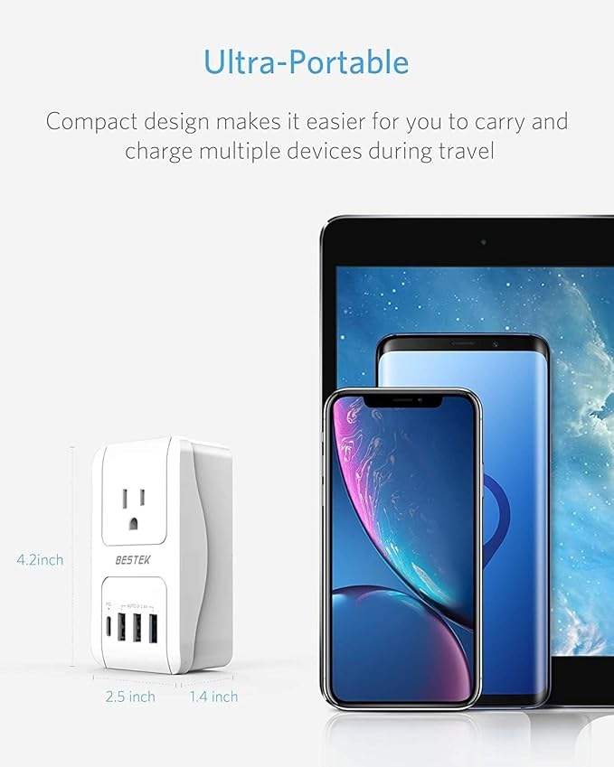 BESTEK International Travel Adapter, 3000W European Travel Plug Adapter for Hair Dryer Curling Iron, USB Travel Wall Charger with Worldwide Wall Plugs for US, EU(PD35W,1004, White)