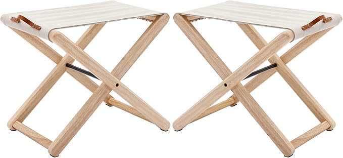 Wood Folding Camping Stools Set of 2, 18.5" Hardwood Portable Fishing Folding Stool with Heavy Duty Metal Support Canvas Camp Stool Foldable Footstool for Outdoor Hiking Picnic BBQ, Beige