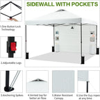 12'x12' Pop Up Canopy Tent with 1 Sidewall and 6 Pockets, One Push Setup, Instant Shade Tent with Vented Roof for Beach Patio Outdoor, Case, 8 Stakes, 4 Ropes, 4 Sandbags (White, 12x12)