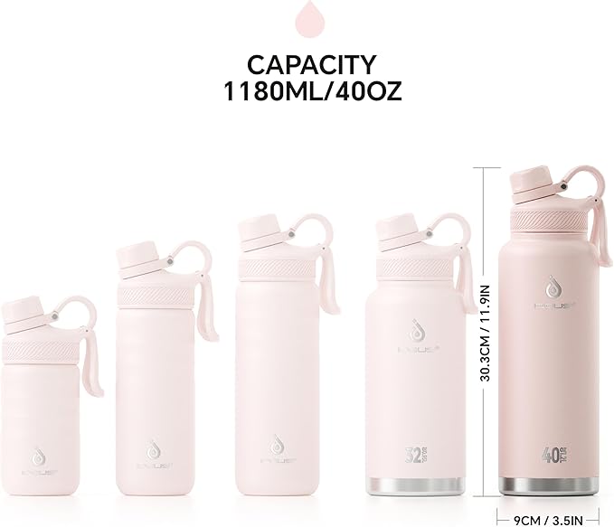 IDEUS Insulated Stainless Steel Water Bottle with 2 Leak-Proof Lids, Thermal Water Flask for Hiking Biking, 40oz, Light Pink