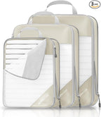 Compression Packing Cubes 3 Set, Compressible Space-Saving Packing Cubes for Travel - Compression Bags, Luggage Organizer, Travel Essentials for Women, Beige