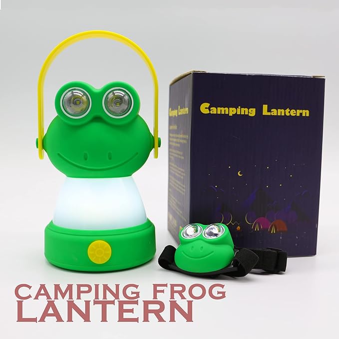 Outdoor Equipment LED Camping Lantern & Headlamp Set for Kids, FANT.LUX Battery Powered Night Light for Emergency, Hurricane, Lightweight Tent Lamp for Children (Frog Set)