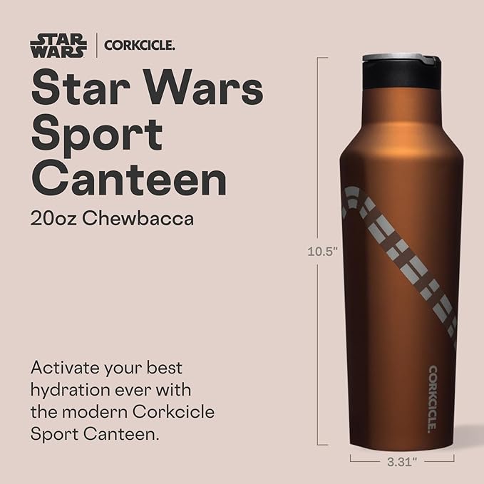 Corkcicle Star Wars Sport Canteen - Triple-Insulated Stainless Steel Water Bottle - Straw Cap & Folding Metal Handle - Summer Drinkware Gift - Keeps Drinks Ice Cold - Chewbacca - 20 oz