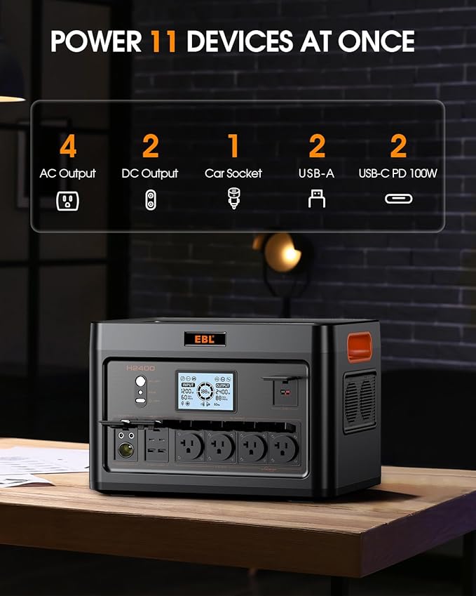 EBL Portable Power Station 2400W, 1843.2Wh Solar Generator LiFePO4 (LFP) Battery(4800W Surge), 2 Hours Fast AC Charging, 4 AC Outlets, 100W USB-C PD Output, 11-Port for Home Use, Outdoor Camping