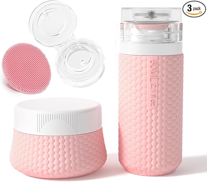 2 oz Travel Bottle Silicone Small Liquid Travel Containers 2 Pack Leak Proof TSA Approved Bottles On The Go Size Traveling Kit for Toiletries Shampoo Body Wash Skincare Lotion Women - Leather Pink