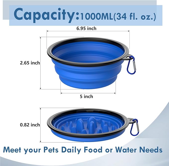 Collapsible Dog Bowls [2 Pack] 34 oz, Slow Feeder Bowl, Travel Dog Bowls Pet Portable Foldable Water Food Feeding Dishes with Carabiner Clip for Traveling Hiking Walking-Green & Blue