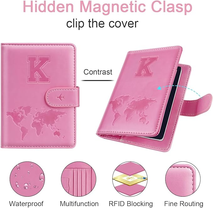 Passport Holder Cover Initail Letter A-Z Travel Wallet Embossed Design RFID Blocking Card Holder Personalized Gift Passport Cover Wallet, Passport Book Holders for Women and Girls, Pink-K