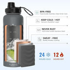 32oz Stainless Steel Insulated Water Bottle, 48H Ice Cold & 24H Hot, Leak-Proof Wide Mouth Lids (Straw & Spout), BPA-Free Bottles, Mens Water Bottle for Gym, Hiking, Travel - Grey