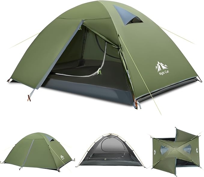 Night Cat 2-Persons Backpacking Tent: Waterproof Lightweight Camping Tent for Two People Hiking Outdoor Mountain with Aluminum Poles and Rainfly Green