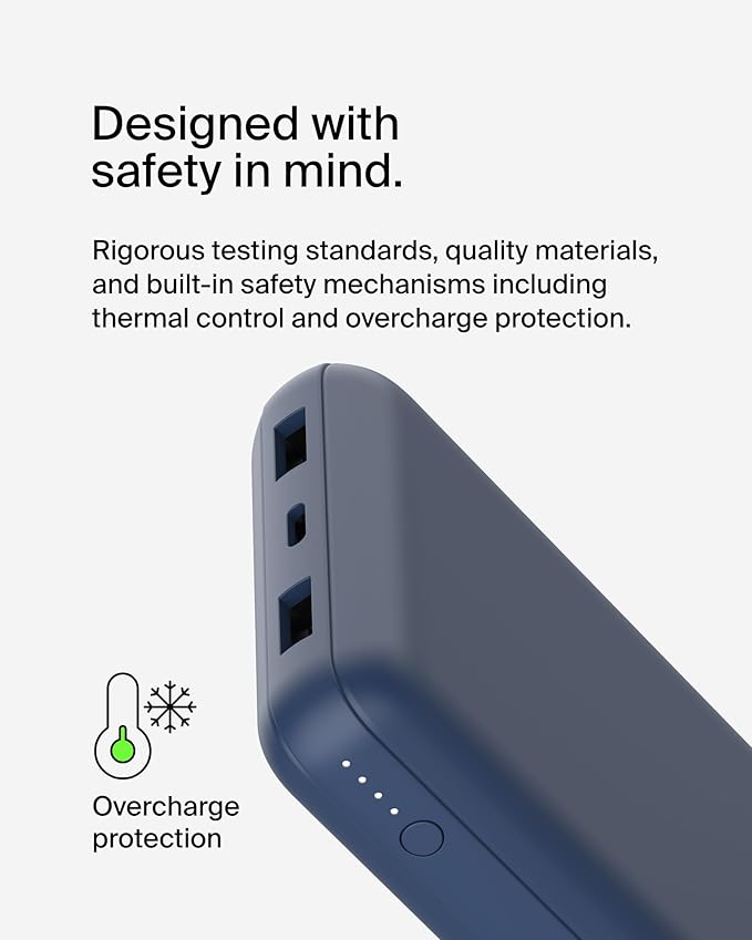 Belkin Portable Charger, USB C Power Bank 20000 mAh w/ 2 USB-A Ports, 15W w/ Type-A to Type-C Cable - iPhone 17, Air, Pro, Pro Max, AirPods, Samsung Galaxy S25, S24, Google Pixel 10, iPad, etc. - Blue