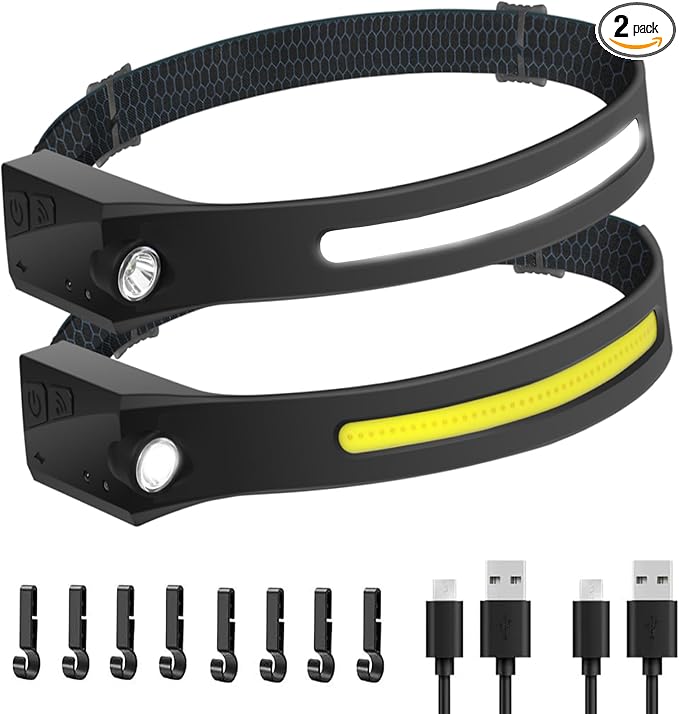 The Ultimate Hands-Free Headlamp 2-Pack: 230° Beam & Motion Sensor - Rechargeable, Weatherproof, 2-Light Source for Adults & Kids
