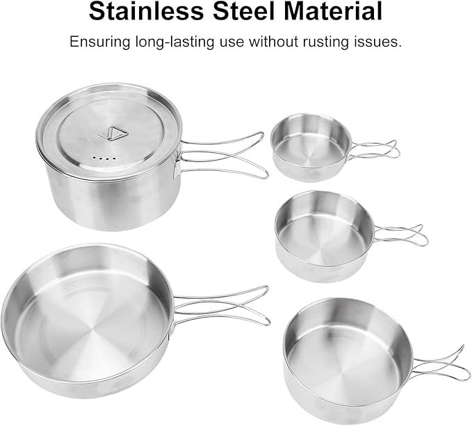 13 Piece Camping Cookware Set Stainless Steel Pots and Pans Set with Folding Forks Spoons Spatulas, Portable Lightweight Camping Mess Kit for Backpacking, Outdoor Cooking