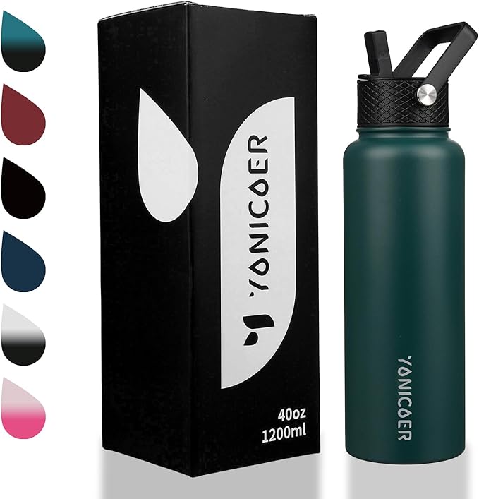 Insulated Water Bottle 40oz,Triple Wall Vacuum Stainless Steel(Dishwasher Safe),Leak Proof & Non-BPA,Flask Jug with Paracord Handle & Straw Spout Lids Sports Green