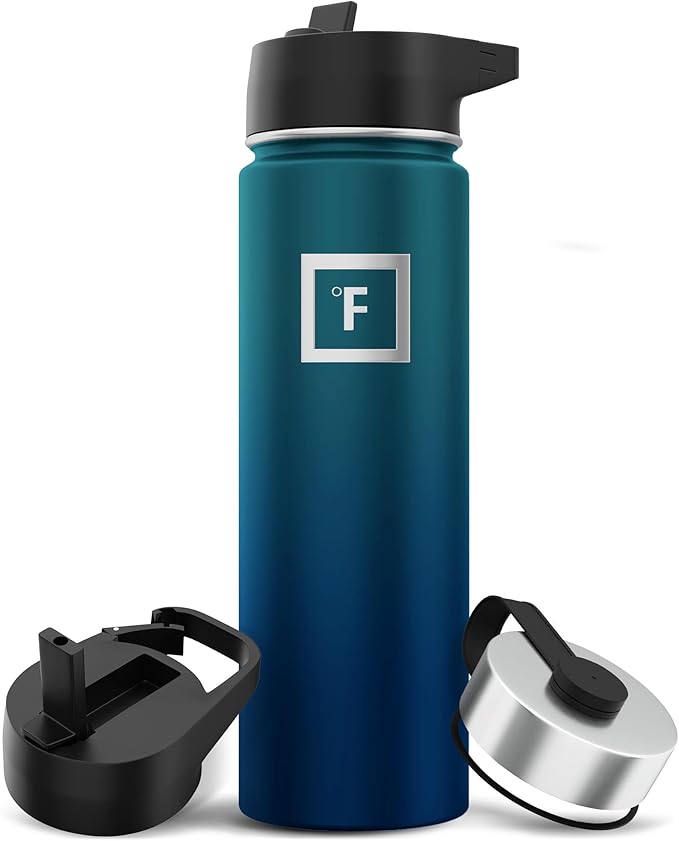 IRON °FLASK Camping & Hiking Hydration Flask with 3 Lids - Stainless Steel, Double Walled & Vacuum Insulated Water Bottle - Leak Proof & BPA Free (Dark Night, Straw - 22 oz)