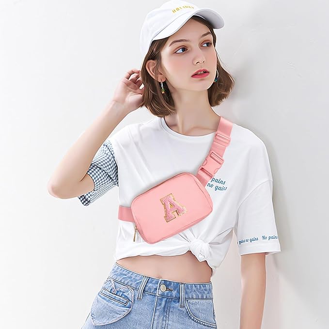Gitus Belt Bag Fanny Pack Crossbody Bags with Initial Letter Patch Cute Stuff Birthday Gifts for Teenager Girls Trendy Preppy Stuff for Teen Girls Cool Stuff for Teens (Light Pink-A)