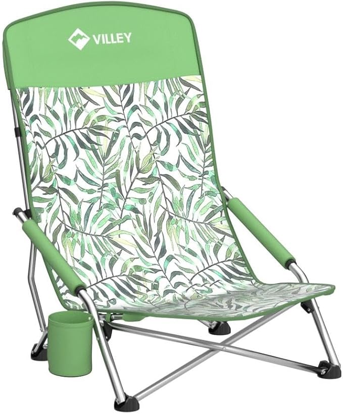 VILLEY Low Beach Chair, High Back Folding Beach Chair for Adults, Lightweight and Portable for Outdoor, Beach, Camping, Lawn, Music Festival, with Cup Holder and Carry Bag-Green Tropical Leaves