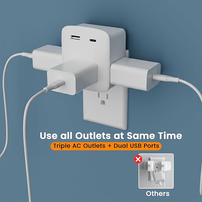 Multi Plug Outlet Extender, 3 AC Outlets with 2 USB Charging Ports (1 USB-C/1 USB-A), 3-Sided Power Strip with Lip, Small Wall Tap Plug Splitter for Cruise Dorm Essentials Home Office, ETL Listed