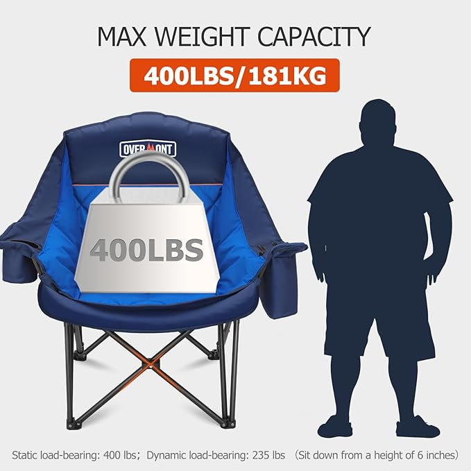 Overmont Oversized XL Camping Chair for Adults - 400lbs Support Heavy-Duty Padded Folding Chair with Side Pocket Cup Holder Cooling Bag for Outdoor Sports Garden Beach Fishing Lawn Blue