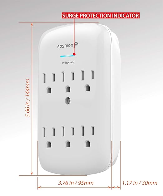 Fosmon 6 Outlet Wall Mount Surge Protector, 3-Prong Surge Suppression 1200 Joules, 15A 125VAC 60Hz 1875Watts Wall Outlet Adapter, Grounded LED, ETL Listed - White