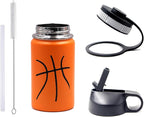 12 oz Basketball Water Bottle, Sports Cup Flask Metal Travel Mug with 2 Lids, Stainless Steel Double Wall Vacuum Leak Proof Insulated Water Bottles, Basketball Accessories Stuff Gifts for Boys Girls