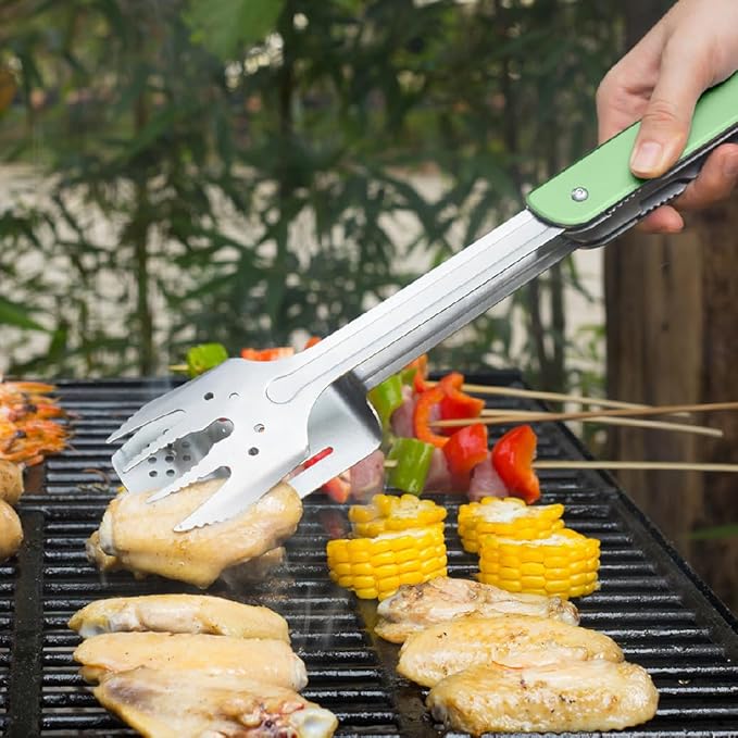 ROXON S601 14" 6 in 1 MBT3 Folding Grill Utensils Set Fork Spatula Grilling Knife Tongs Opener for Backyard Barbecue and Camping (Green)