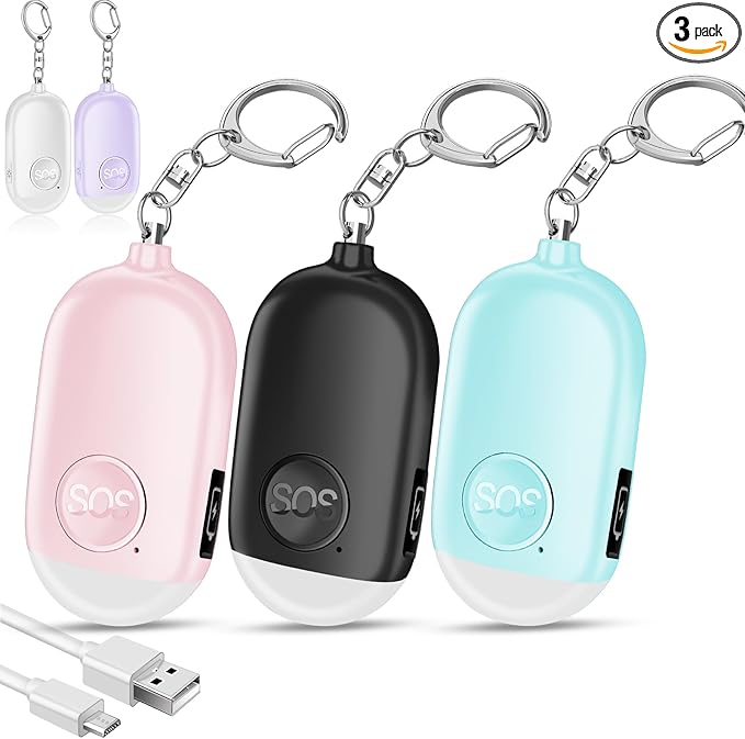 Hion Personal Safety Alarm for Women, 3 Pack Rechargeable 130dB Self Defense Alarm Keychain with LED Flashlight, Emergency Safe Sound Security for Children Elderly, Black+Pink+Blue