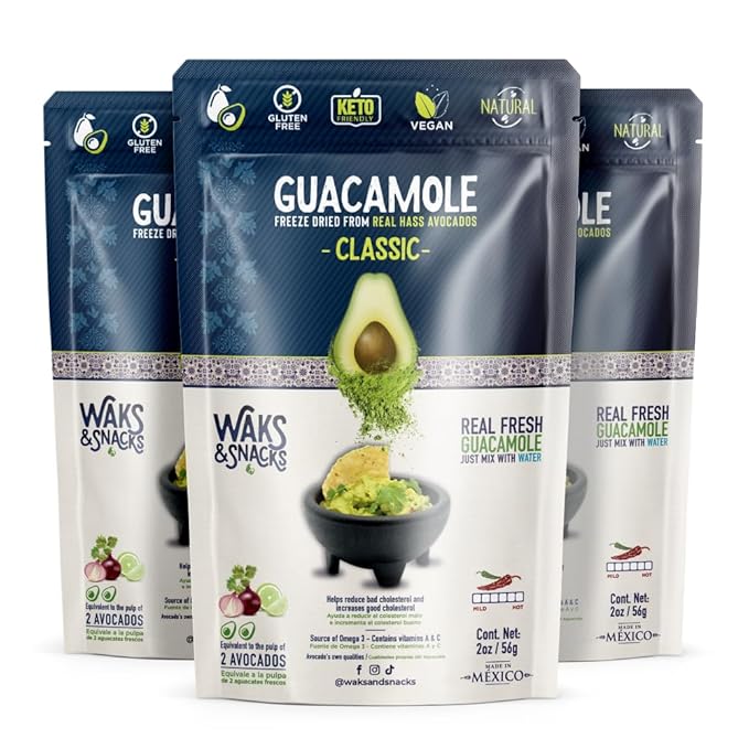 WAKS & SNACKS Freeze Dried Guacamole Classic |100% Fresh Hass Avocados, Perfect for Tortilla Chips | Energizes Camping & Hiking Meals | Vegan, Gluten-Free Guac Dip for Snacks | 2 Avocados | 2 oz, 3-Pack