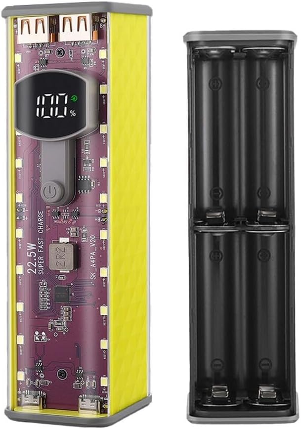 Portable Solder-Free Power Bank Case 22.5W 45W Transparent DIY Battery Box with Fast Charging for Cells Multi-Output Stable Voltage Multiple Protocols 160x57mm for DIY Enthusiasts Travel(yellow 22.5W)