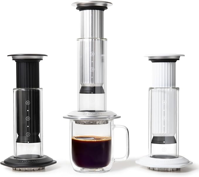 AeroPress Premium Coffee Press, Glass, Stainless Steel & Aluminum Coffee Maker, all-in-One French Press, Pour-Over & Espresso-Style manual brewer, 2 min brew for less bitterness, more flavor (Black)