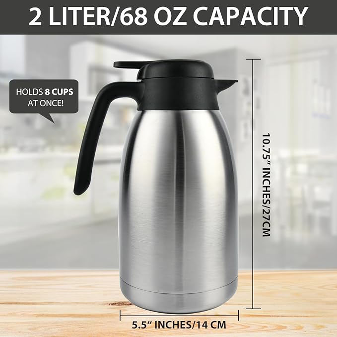 Heritage66 Thermal Coffee Carafe -Triple Wall Vacuum insulated Flask- keeping Beverages Hot for 12 hours /24 hours cold Tea, Water, and Coffee Dispenser (2 Liter/68Oz with Brush)
