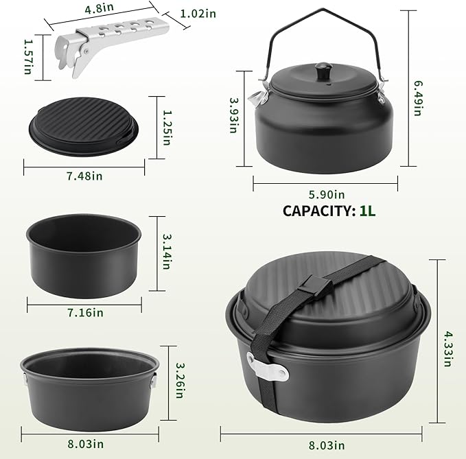 Camping Cookware Set, Non-Stick Lightweight Aluminum Camping Pot and Pan Set with Kettle for Backpacking, Hiking, Outdoor Cooking and Picnic