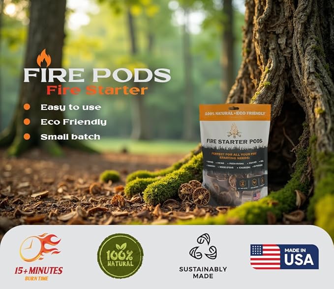 Fire Starter Pods (50 Pack) – Natural Fire Starters for BBQ, Fire Pits, Campfires | Long-Lasting, Eco-Friendly, Made in USA