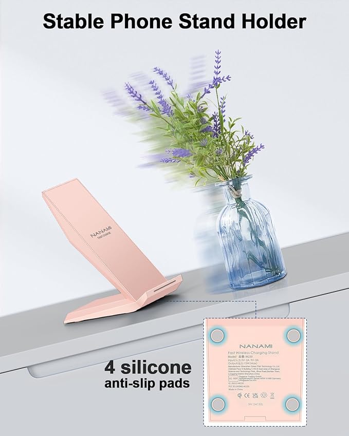 NANAMI Wireless Charger - Qi Certified Wireless Charging Stand Compatible iPhone 17/17 Air/16/15/14/13/12/11 Pro, 10W for Samsung Galaxy S25/S24/S23/S22/S21/S20/Note 20 Ultra and Qi-Enabled Phone