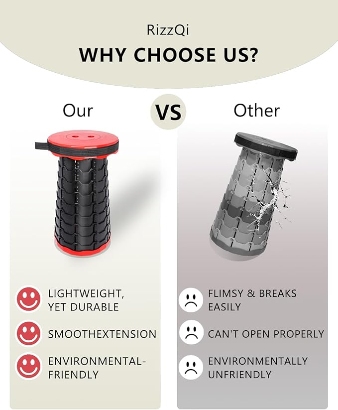 Upgraded Foldable Thickened Collapsible Stool, Portable Folding Seat, Adjustable Height Retractable, Suitable for Fishing, Hiking, Camping, BBQ, Party, Outdoor (Black and Red)