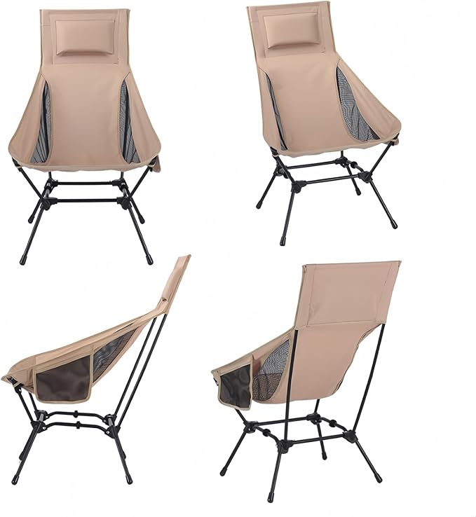 High Back Reclining Camping Chair - Oversized Folding Chair with Head Support, Widened Seat for Outdoor, Beach, Camp, Festivals (Khaki)