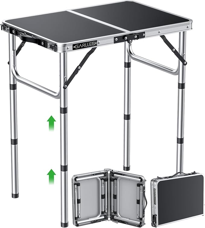 GARLLEN 2ft Folding Camping Table, Portable Picnic Table with 3 Adjustable Height, Lightweight Aluminum Outdoor Table for BBQ, Camping, Dinning, 22.8" L x 15.7" W, Silver