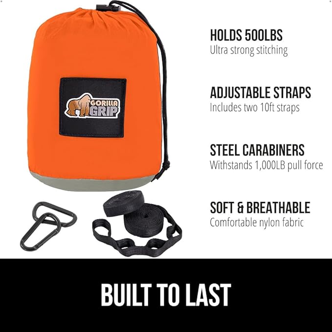 GORILLA GRIP Durable Portable Camping Hammock, Holds 500lbs with Heavy Duty Tree Straps, Comfortable Travel Swing, Camp Hammocks, Easy to Use and Install, Outdoor Essentials, Orange, 10x6.5 FT