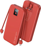 Portable Charger, 12000mAh 22.5W Fast Charging Power Bank with Built-in Cables & Wall Plug, Travel Essential Battery Pack with LED Display, USB C Battery Phone Charger for iPhone, iPad, Samsung Red