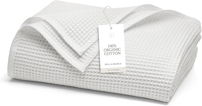 BOLL & BRANCH Waffle Bed Blanket - Full/Queen, White - Luxury 100% Organic Cotton - Soft, Lightweight and Breathable - Textured Waffle Weave Design