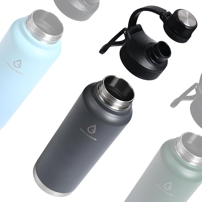 Stainless Steel Sports Water Bottle with Straw Lid Dustproof, 3 Lids, 24/32/40/64 oz BPA Free Vacumm Insulated Water bottle, Leakproof and Sweat Free, Perfect for The Go - 40 Oz Grey