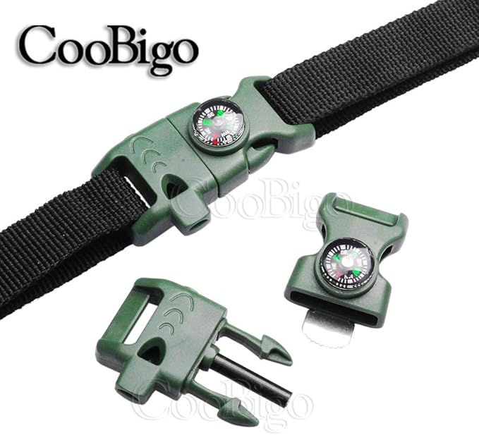 10Pack 5/8" Compass Whistle Buckle Plastic Paracord Bracelet Outdoor Camping Emergency Survival Travel Kits (MilitaryGreen)
