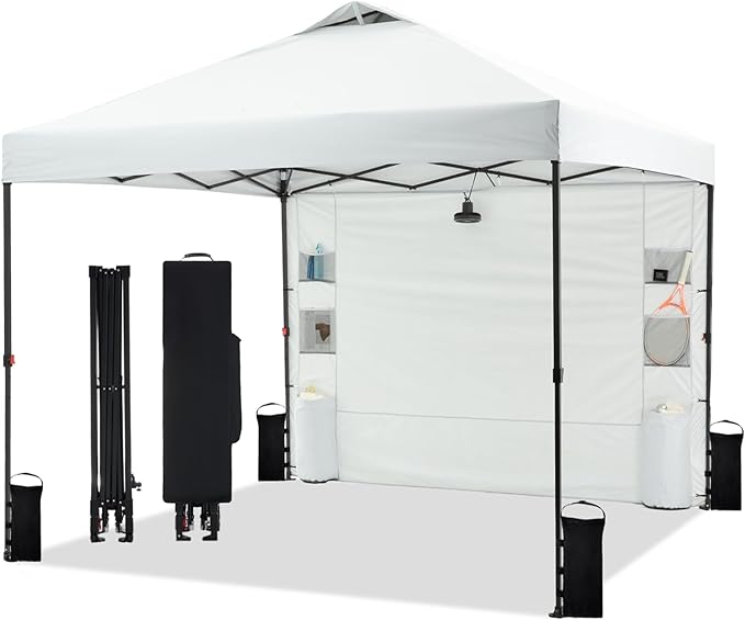 10'x10' Pop Up Canopy Tent with 1 Sidewall and 6 Pockets, One Push Setup, Instant Shade Tent with Vented Roof for Beach Patio Outdoor, Case, 8 Stakes, 4 Ropes, 4 Sandbags (White)
