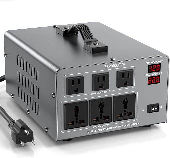 10000W Voltage Converter Transformer Step Up/Down 110V/120V to 220V/240V, Auto Voltage Recognition, Heavy Duty Power Converter with 6 Outlets, LCD Display & Circuit Breaker for Home, International Use