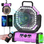 ADUST Camping Battery Operated Powered Fan with LED Lantern Light Portable 20000mAh Rechargeable Oscillating Fan with 360° Rotation Hanging Hook for Tents, Cordless USB Desk Fan(Pink)