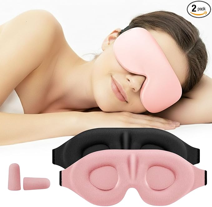 Luxury Sleep Mask – Pack of 2 Ultra-Soft Silk Eye Covers with Adjustable Strap & Soft Ear Loops, 3D Contoured Light Blocking Sleeping Mask for Travel, Naps & Relaxation(Black & Pink)