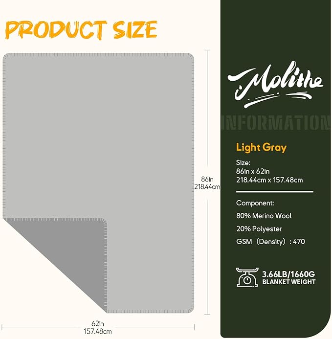 Merino Wool Blend Camping Blanket Ultra Warm, Moisture Wicking, Portable Outdoor Blanket for Camping, RV Trips, Adventures, Picnic, Bushcraft Survival Kits, Large 86"x62"