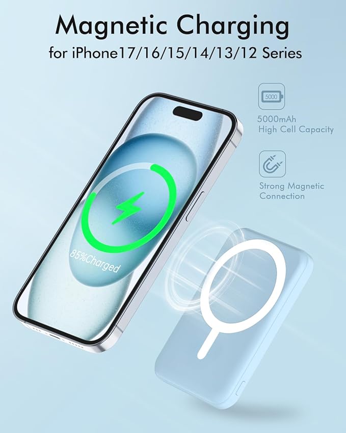 podoru for Magsafe Battery Pack, 5000mAh Magnetic Power Bank with Type-C Cable 20W PD Fast Charging Lighting Input Wireless Portable Charger for iPhone 17/16/15/14/13/12/ All Series-Sierra Blue